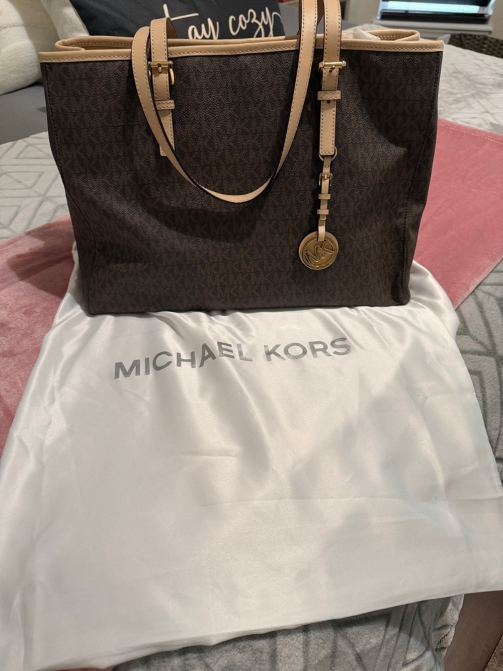 Michael Kors Brown MK Signature Tote with Beige Trim and Gold Charm